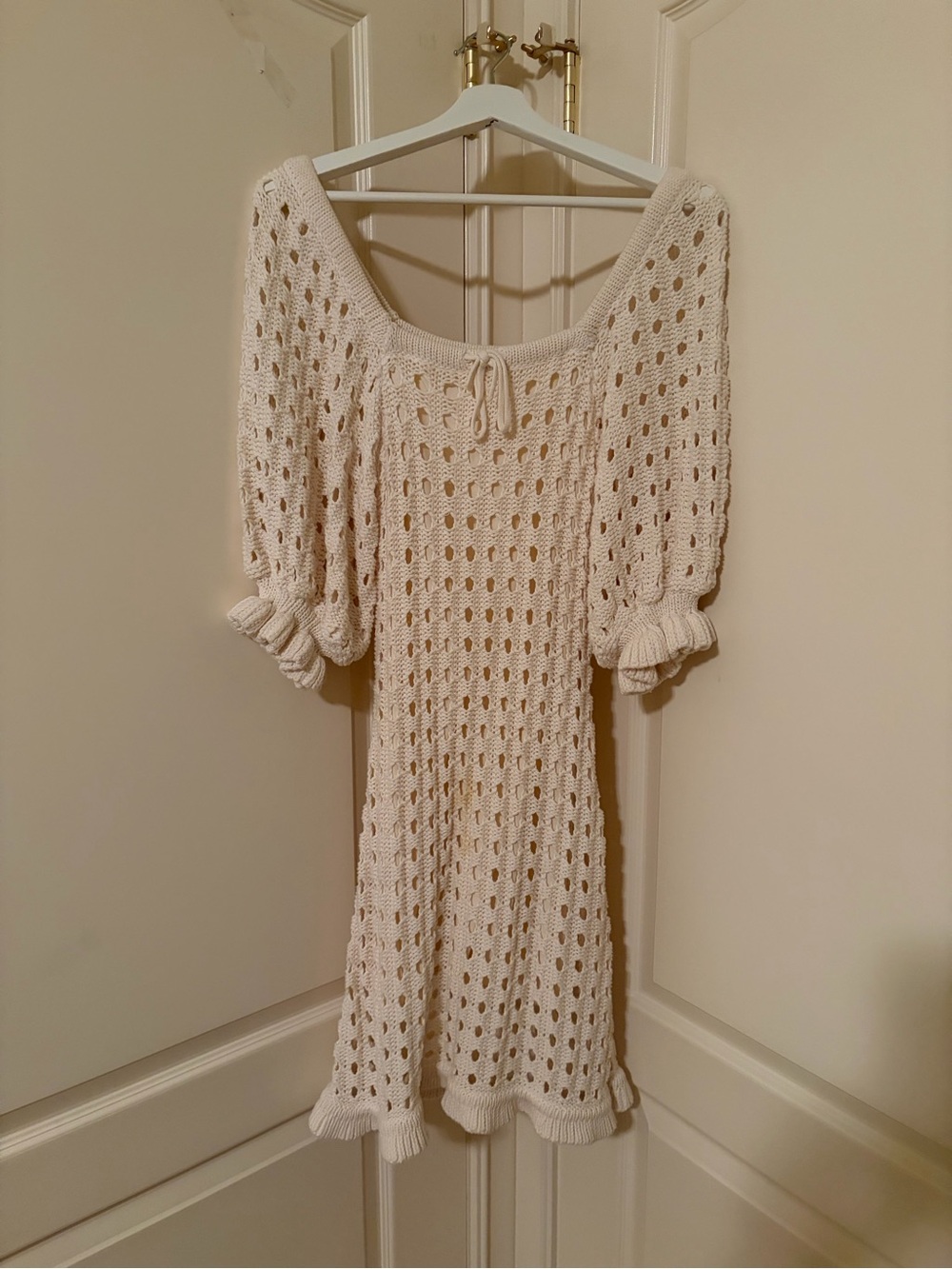 Sabo Skirt Cream Crochet Mini Dress with Puff Sleeves